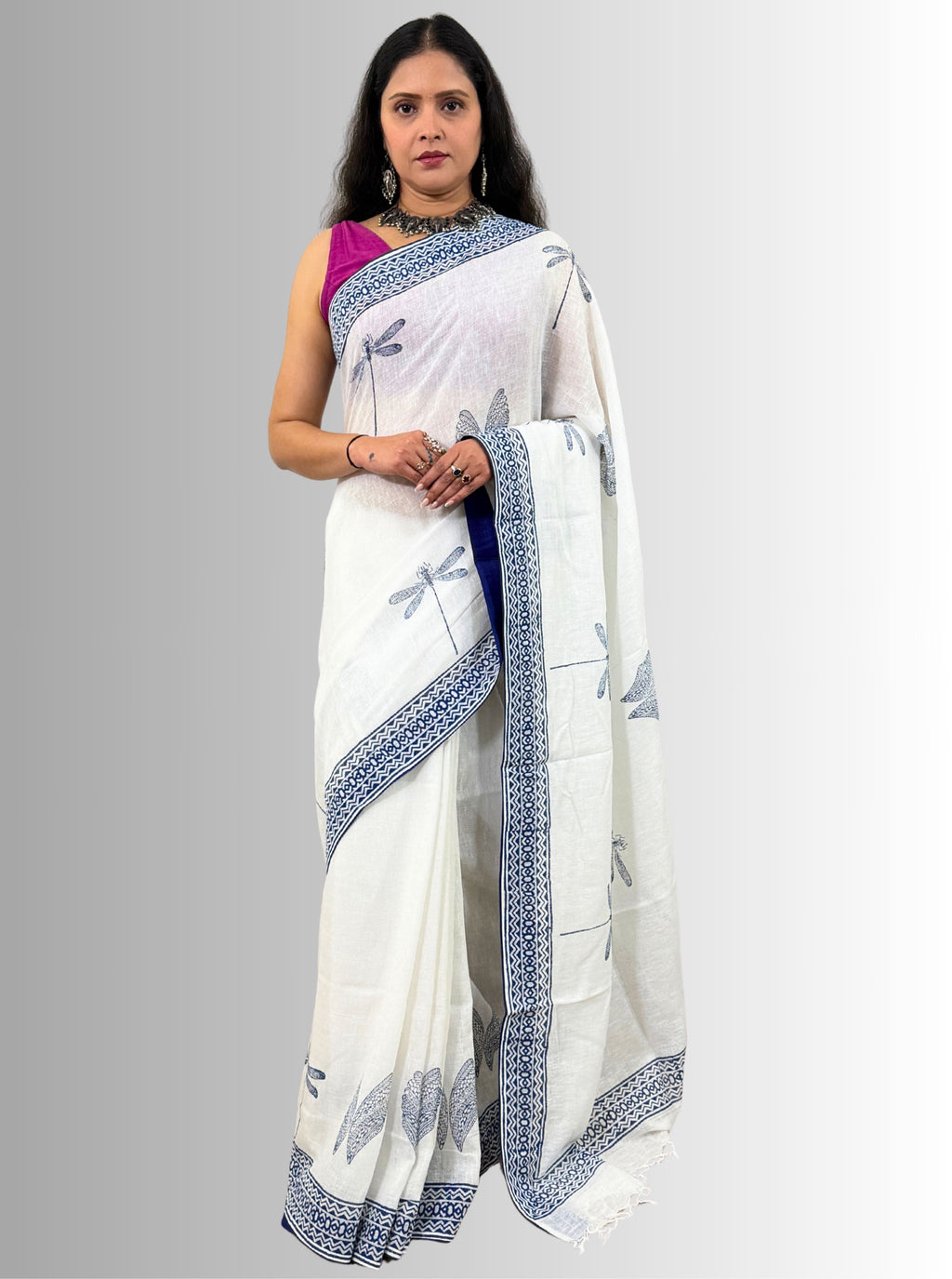 handloom cotton linen white hand block print saree with blouse