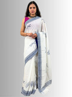handloom cotton linen white hand block print saree with blouse