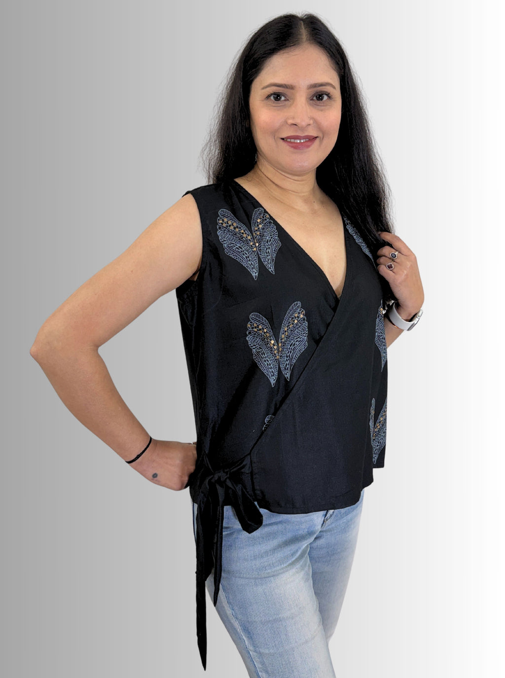 handloom tassar silk cotton black angrakha top with hand block print and hand embroiedry