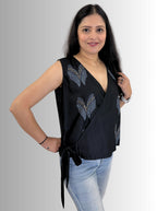 handloom tassar silk cotton black angrakha top with hand block print and hand embroiedry