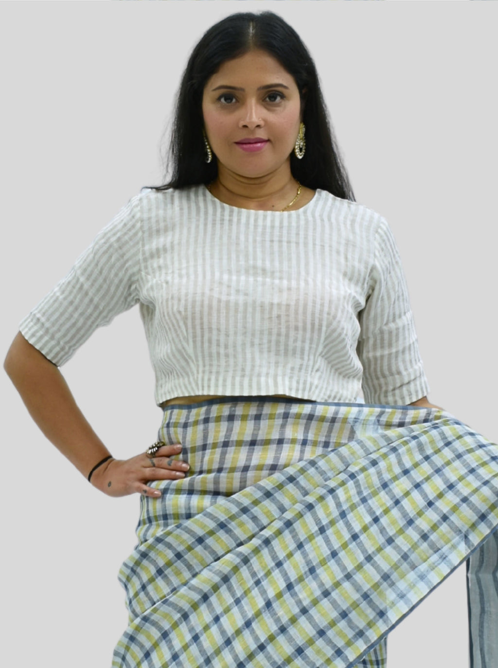 Handloom Silver Stripes Tissue Linen Blouse with Round Neck and Back Wooden Buttons