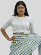 Handloom Silver Stripes Tissue Linen Blouse with Round Neck and Back Wooden Buttons
