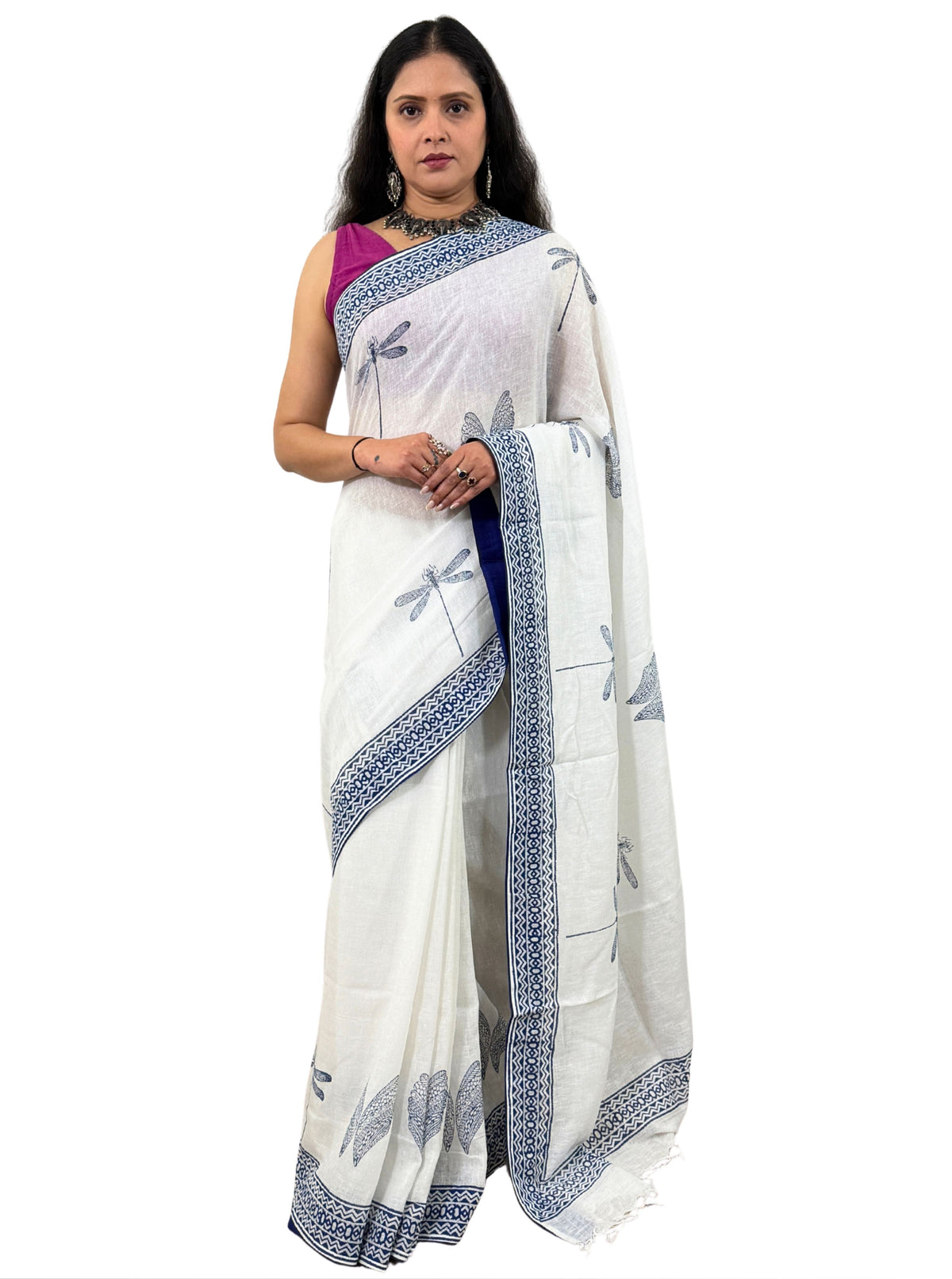 handloom cotton linen white hand block print saree with blouse