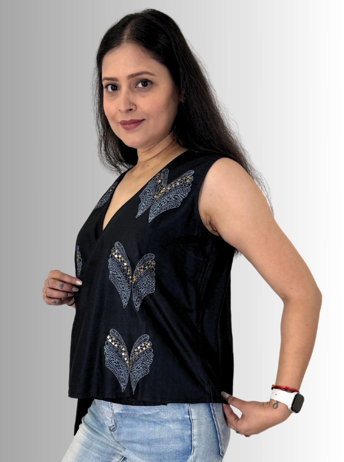 handloom tassar silk cotton black angrakha top with hand block print and hand embroiedry