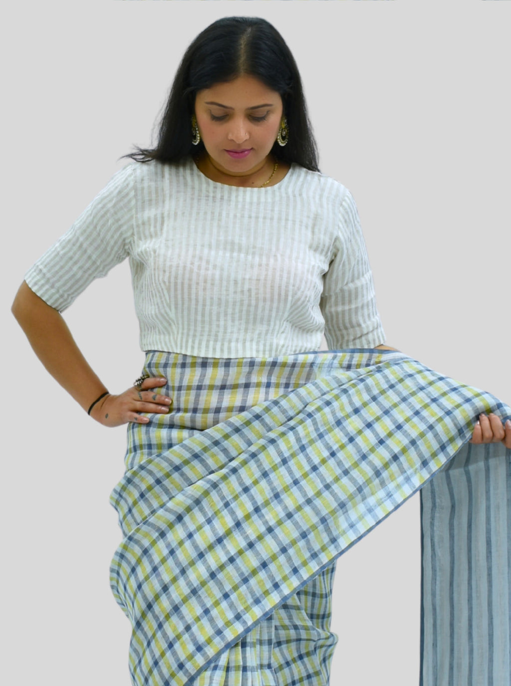 Handloom Silver Stripes Tissue Linen Blouse with Round Neck and Back Wooden Buttons