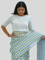 Handloom Silver Stripes Tissue Linen Blouse with Round Neck and Back Wooden Buttons