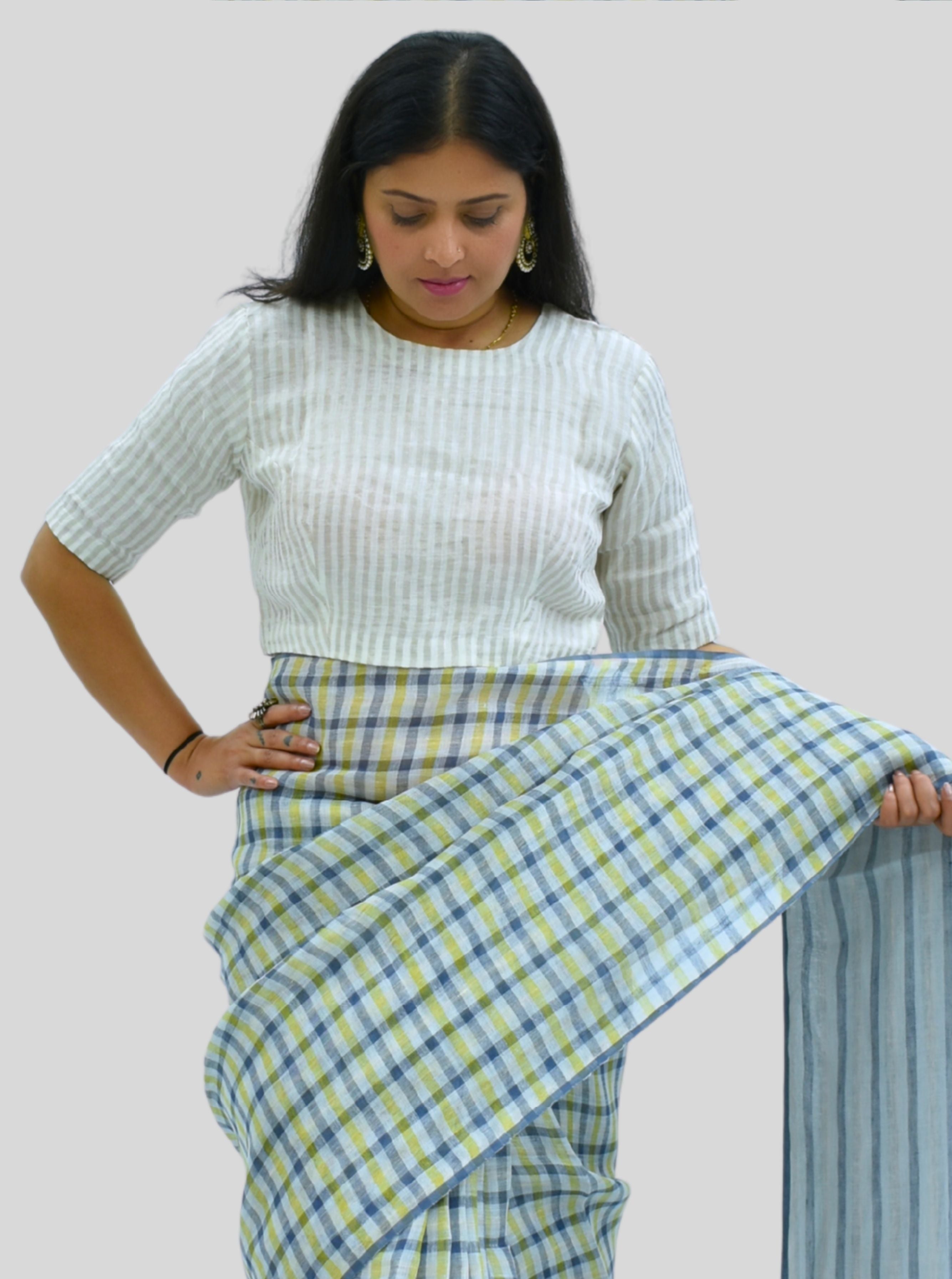 Handloom Silver Stripes Tissue Linen Blouse with Round Neck and Back Wooden Buttons