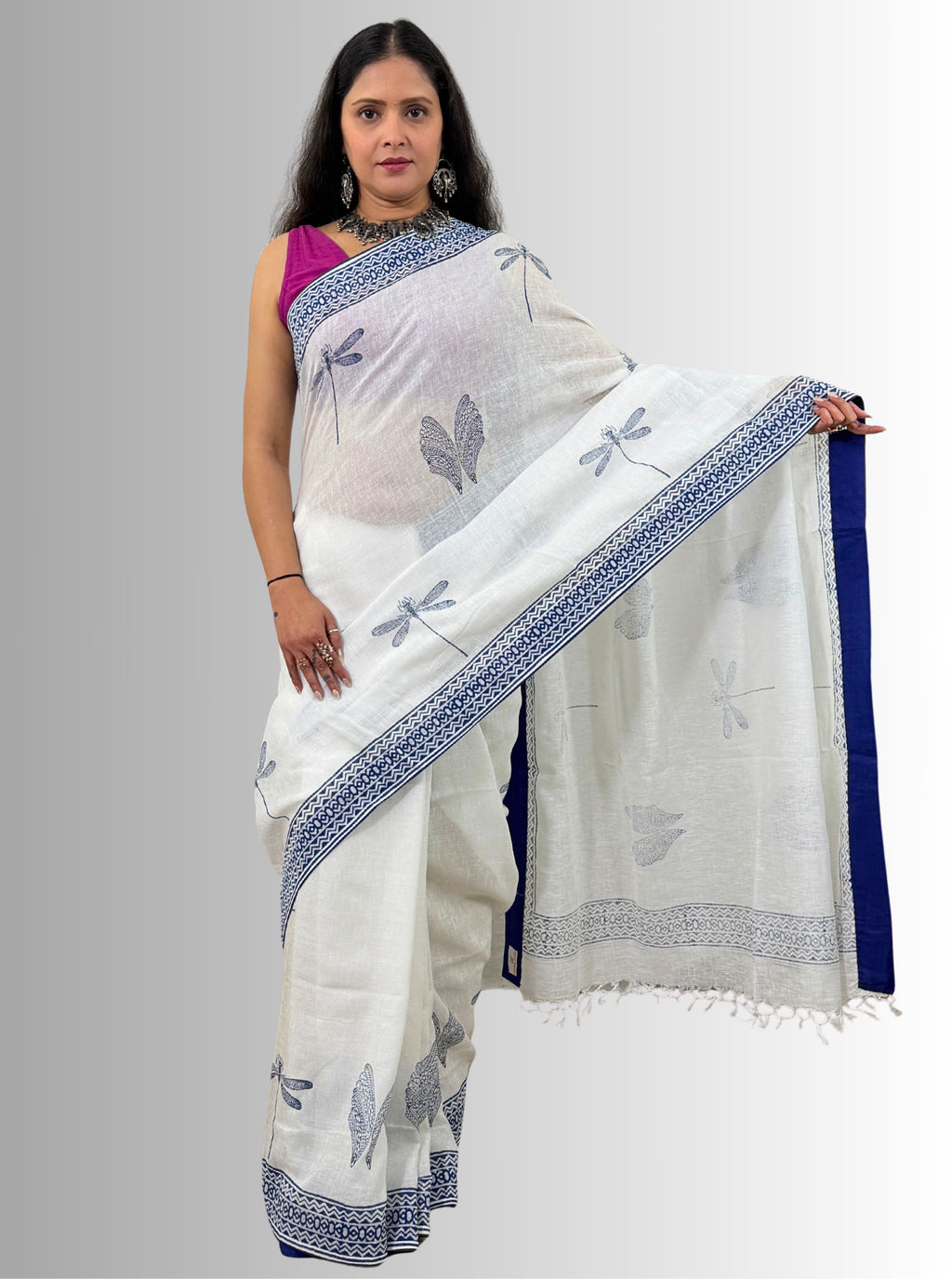 handloom cotton linen white hand block print saree with blouse