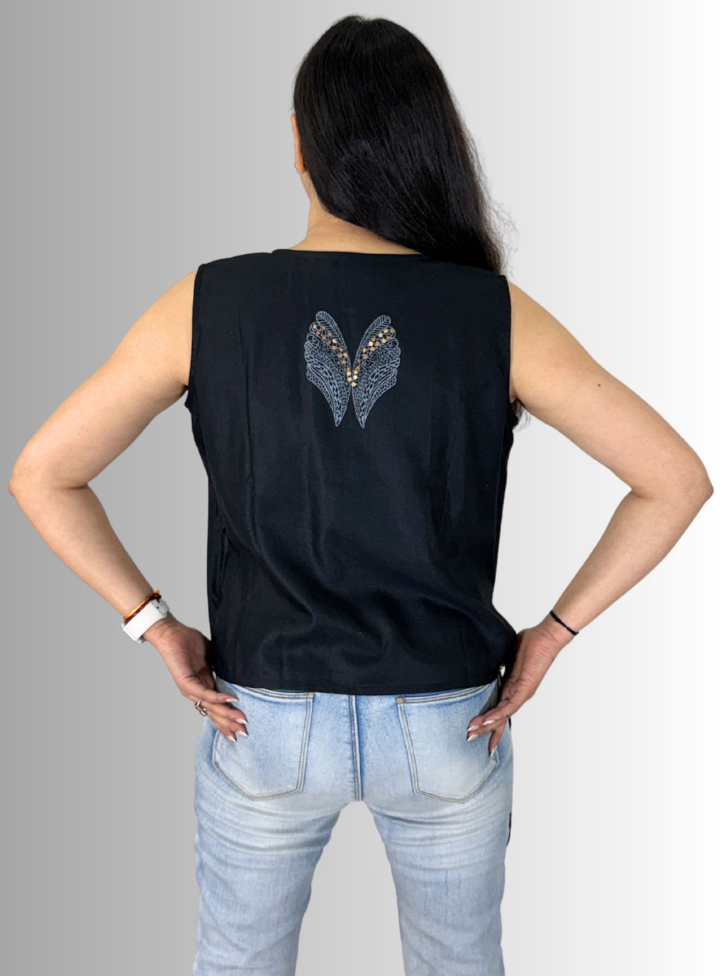handloom tassar silk cotton black angrakha top with hand block print and hand embroiedry