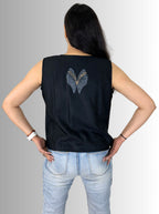 handloom tassar silk cotton black angrakha top with hand block print and hand embroiedry