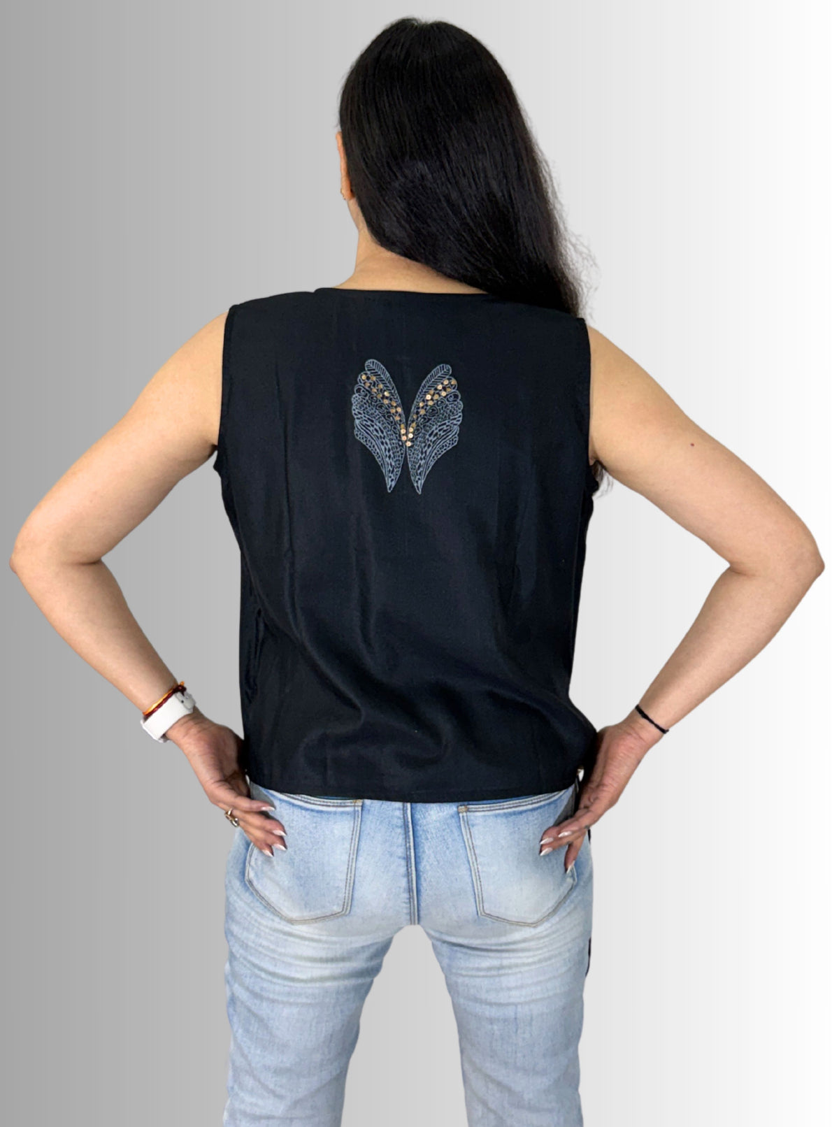 handloom tassar silk cotton black angrakha top with hand block print and hand embroiedry