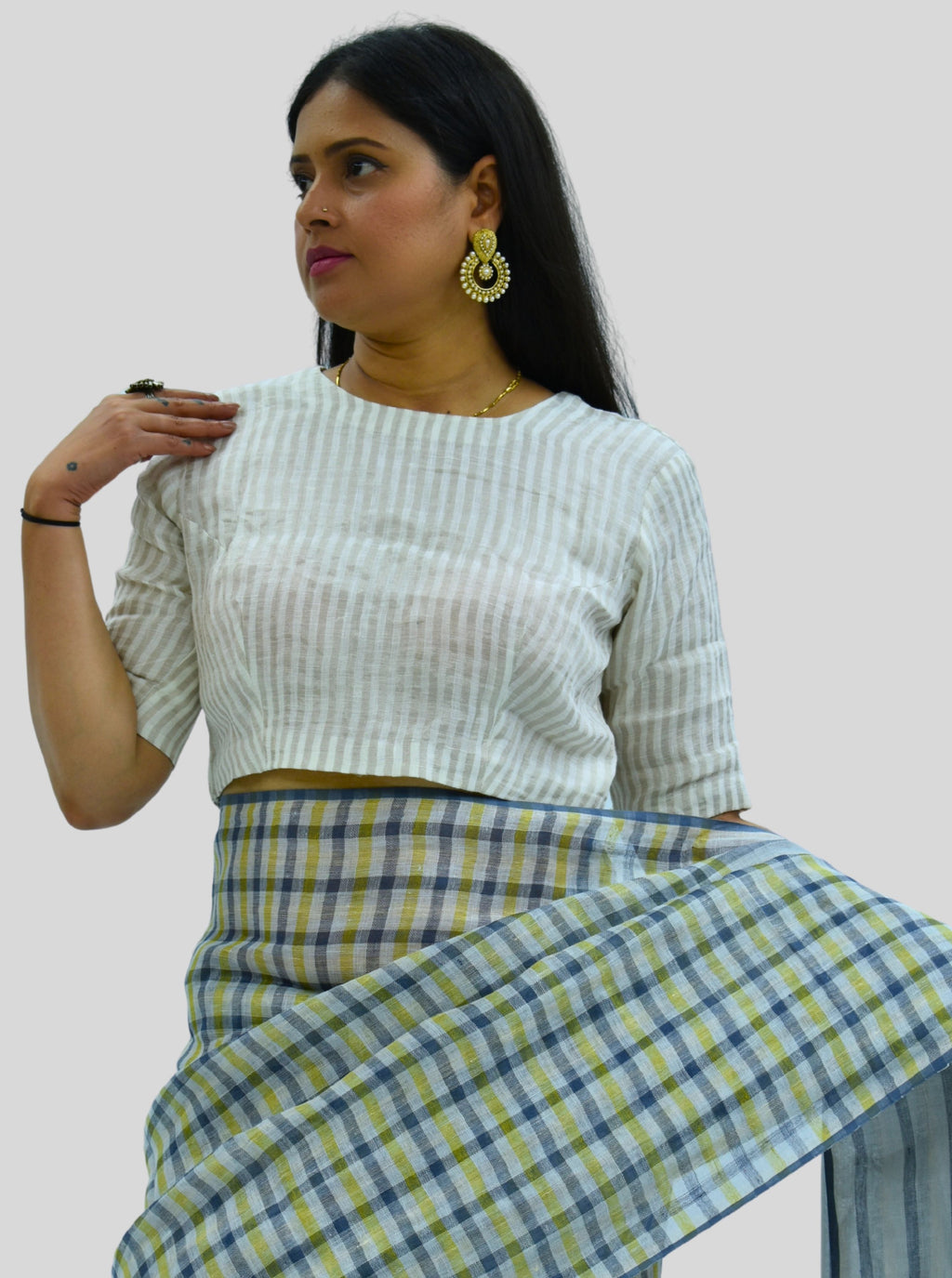 Handloom Silver Stripes Tissue Linen Blouse with Round Neck and Back Wooden Buttons
