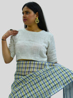 Handloom Silver Stripes Tissue Linen Blouse with Round Neck and Back Wooden Buttons