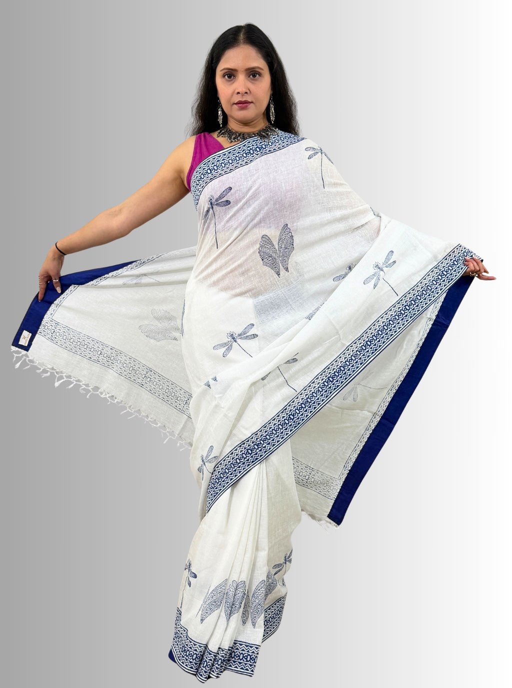 handloom cotton linen white hand block print saree with blouse