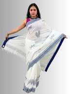 handloom cotton linen white hand block print saree with blouse