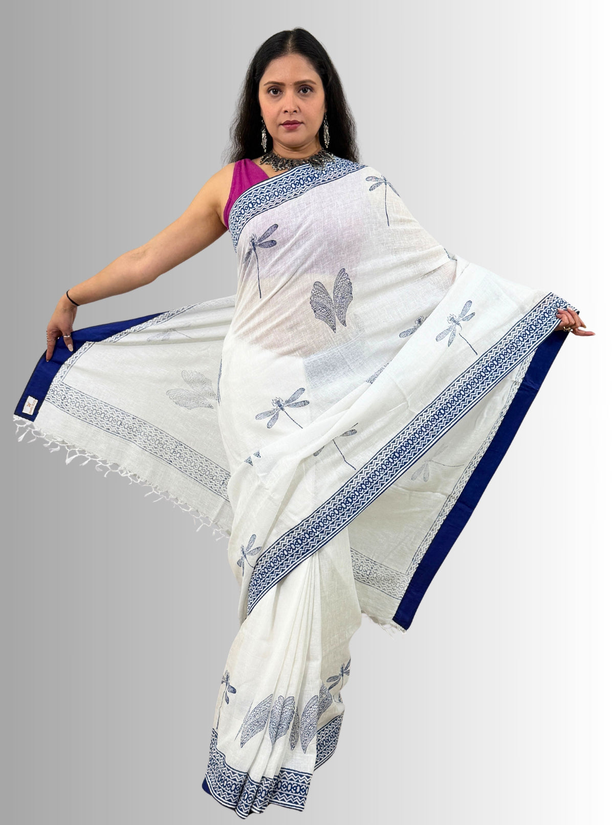 handloom cotton linen white hand block print saree with blouse