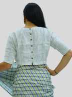 Handloom Silver Stripes Tissue Linen Blouse with Round Neck and Back Wooden Buttons