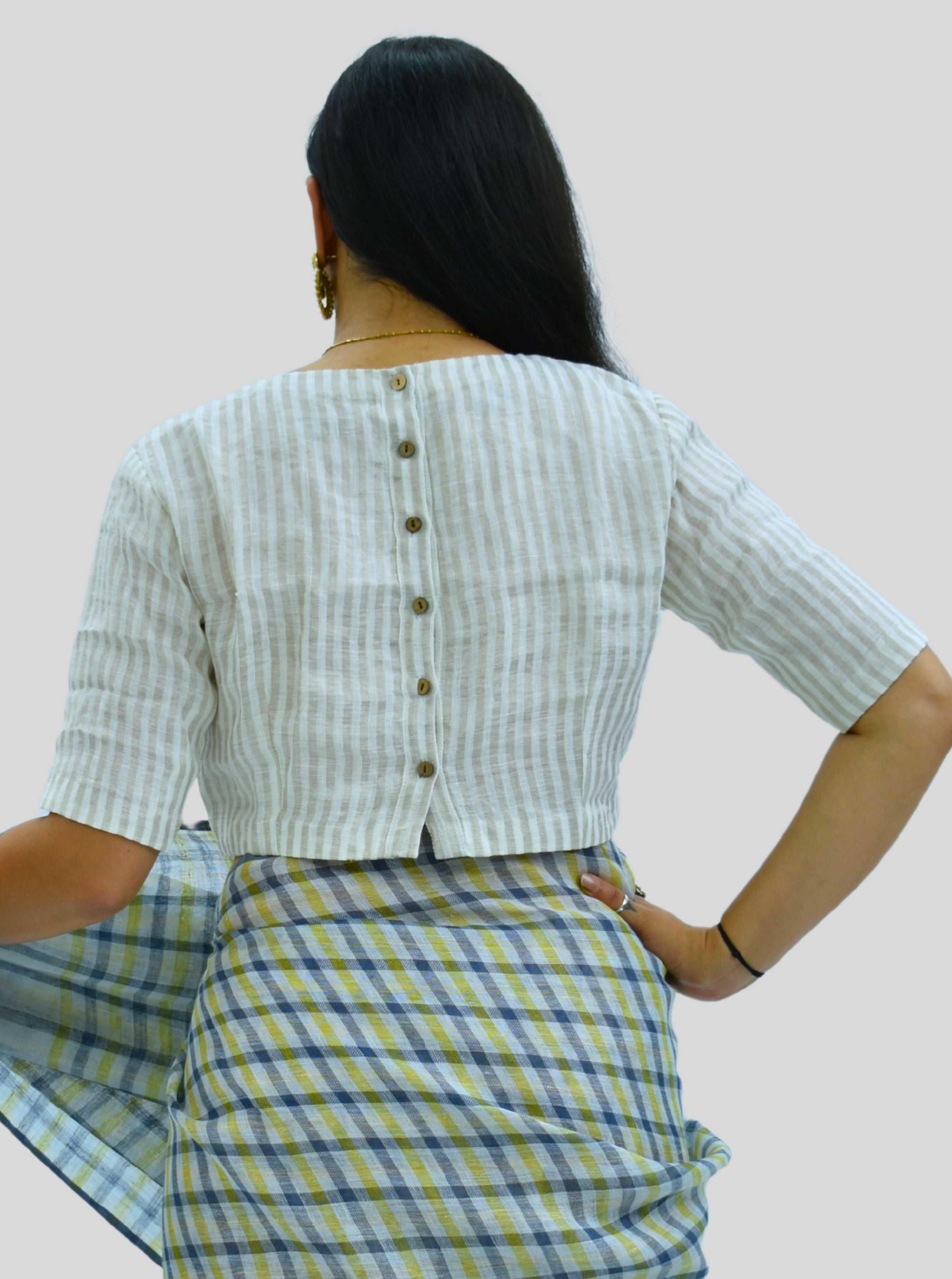 Handloom Silver Stripes Tissue Linen Blouse with Round Neck and Back Wooden Buttons