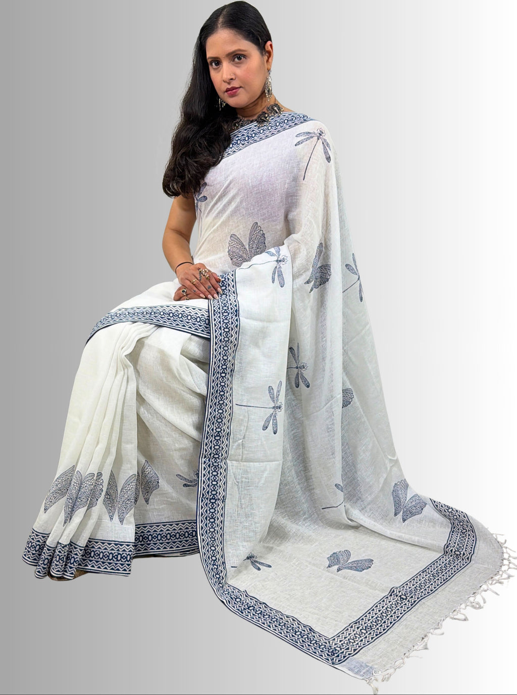 handloom cotton linen white hand block print saree with blouse