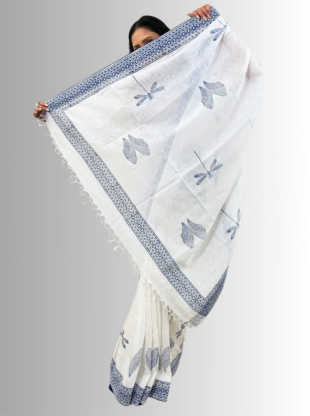 handloom cotton linen white hand block print saree with blouse