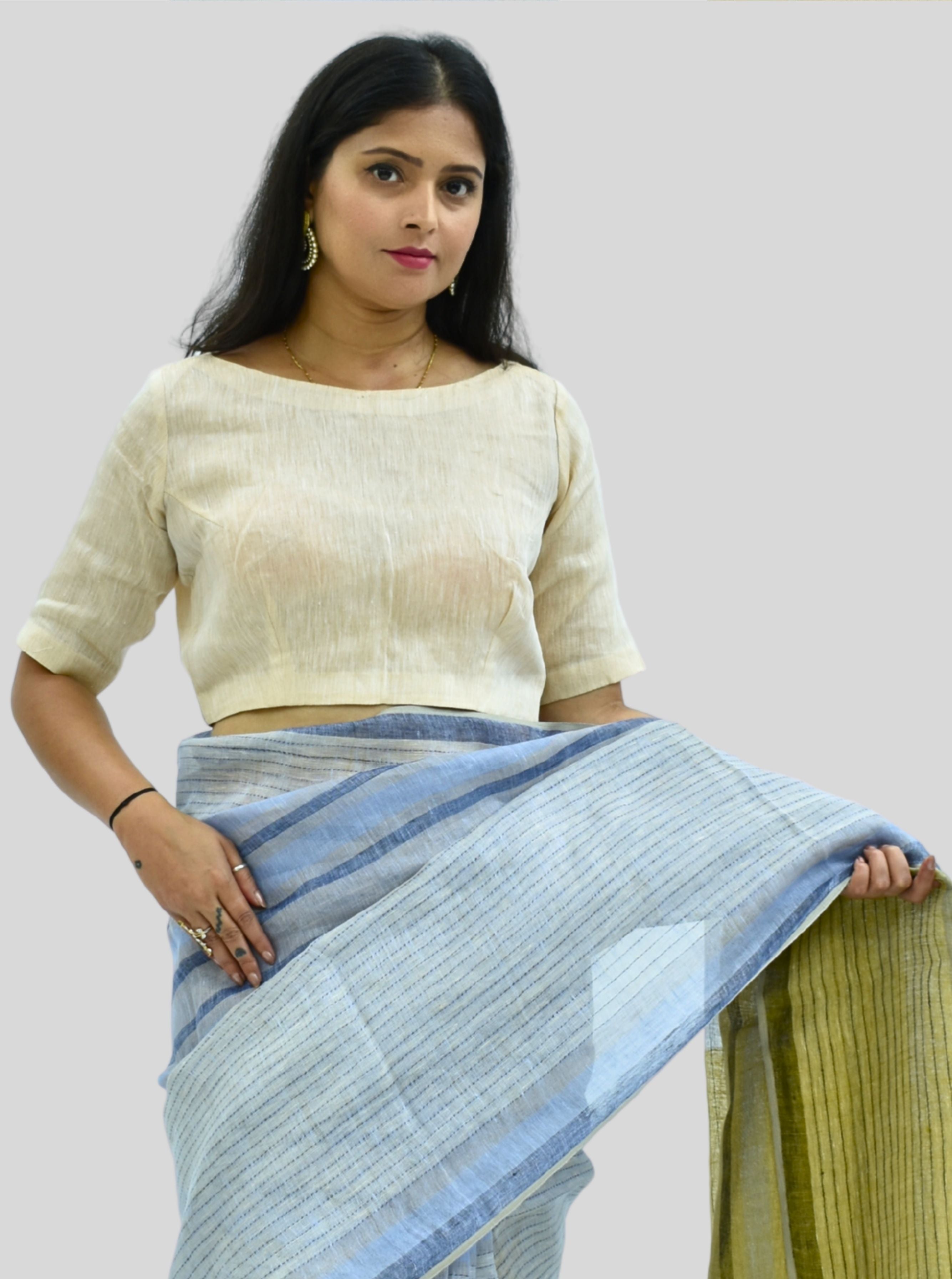Boat Neck Handloom Rose Gold Tissue Linen Blouse with Side Zipper