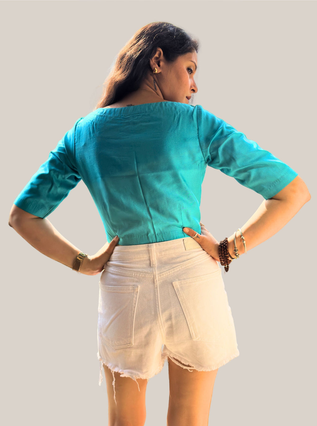 Boat Neck Turquoise Cotton Tussar Silk Blouse with Side Zipper