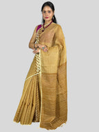 Mustured yellow handloom linen dabu hand block print saree with blouse