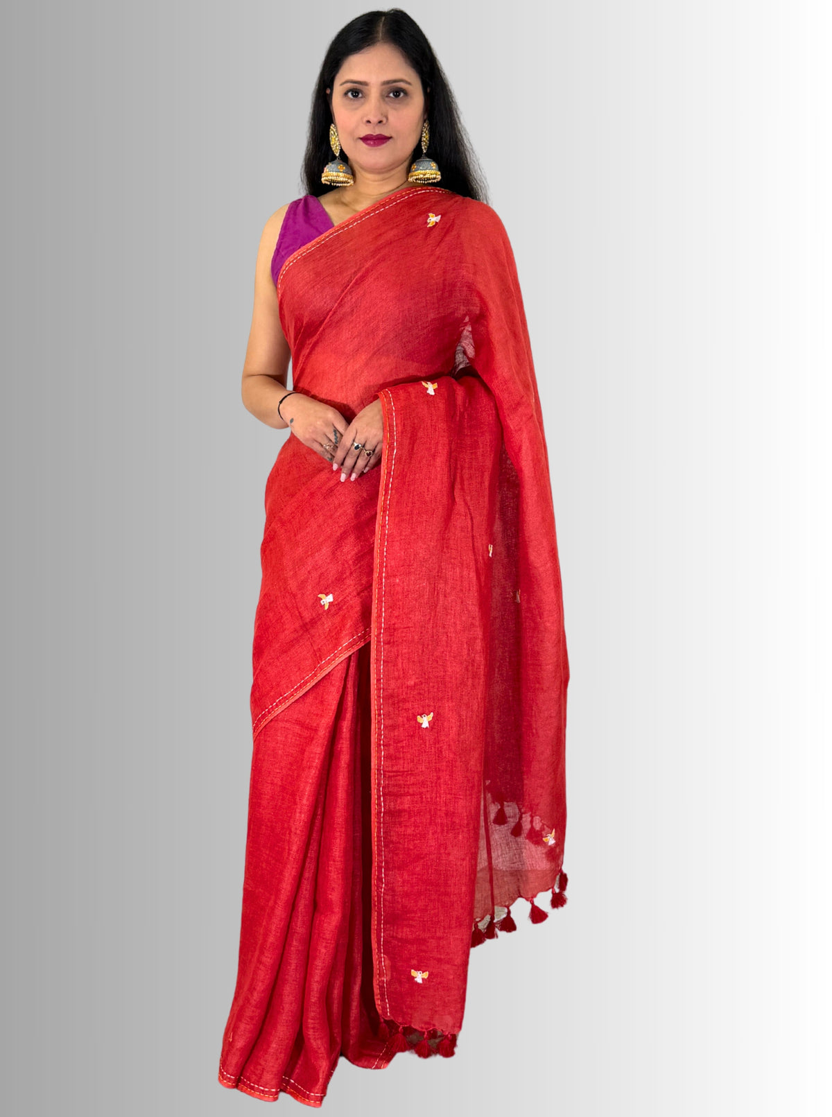 handloom linen red saree with bird hand embroiedry with blouse