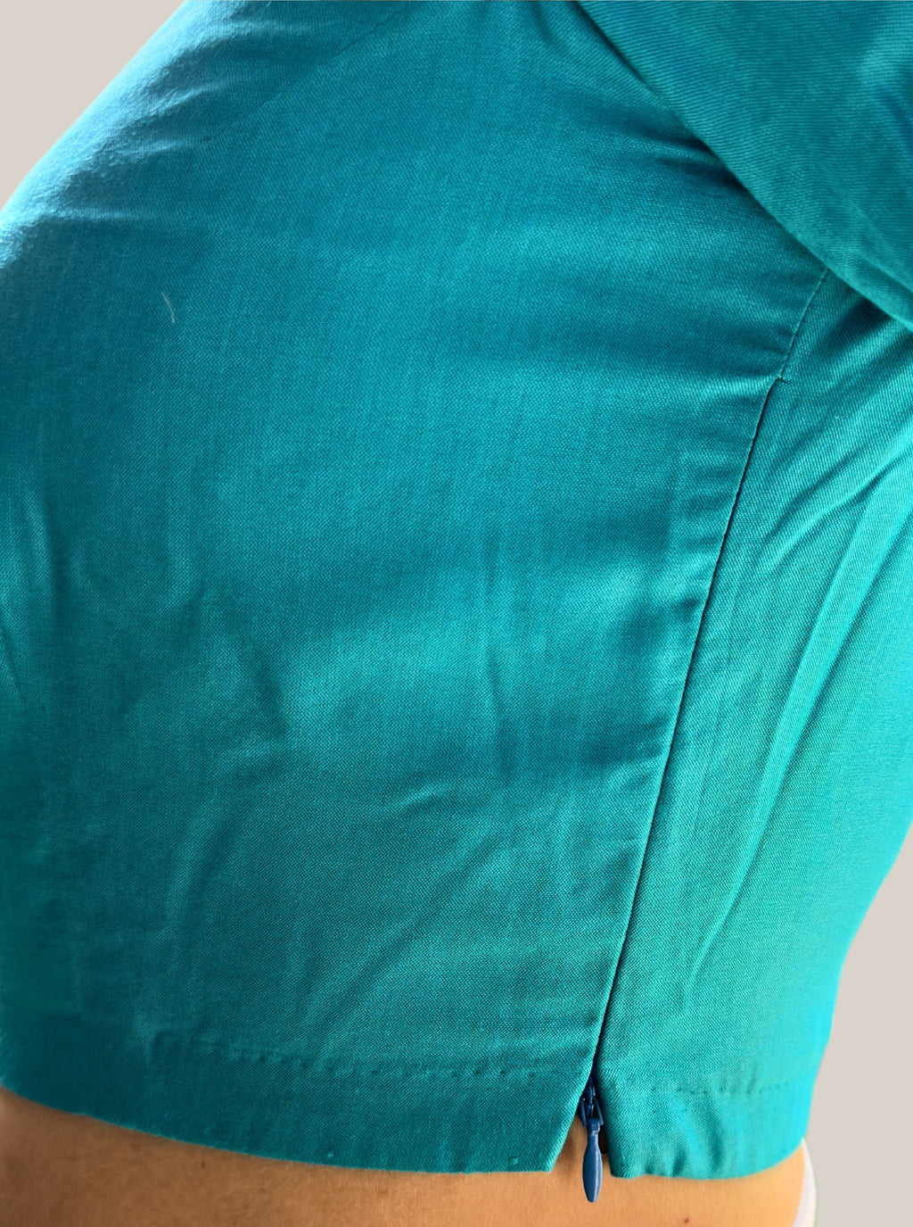 Boat Neck Turquoise Cotton Tussar Silk Blouse with Side Zipper