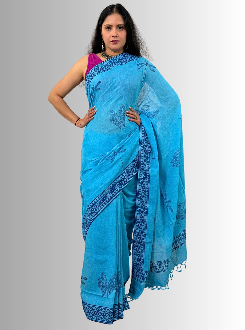 handloom cotton linen white hand block print saree with blouse