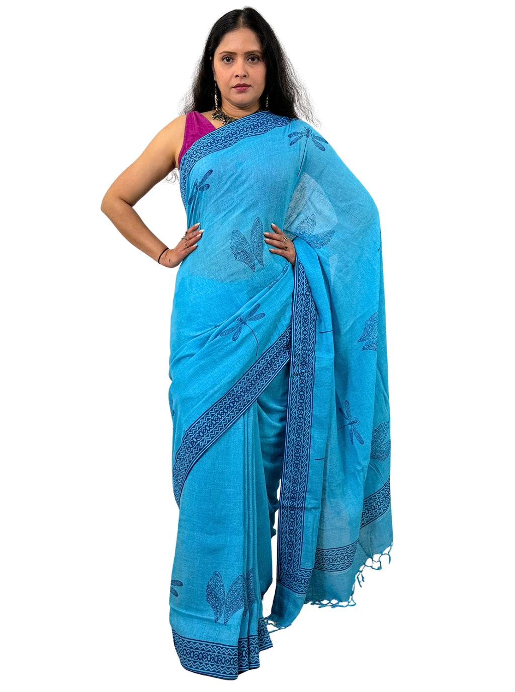 handloom cotton linen white hand block print saree with blouse