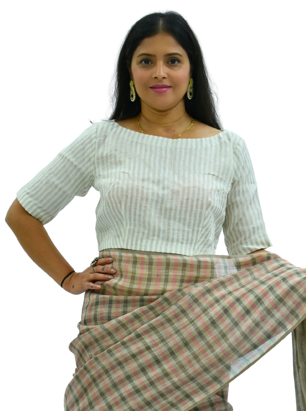 Boat Neck Handloom Silver Stripes Tissue Linen Blouse with Side Zipper