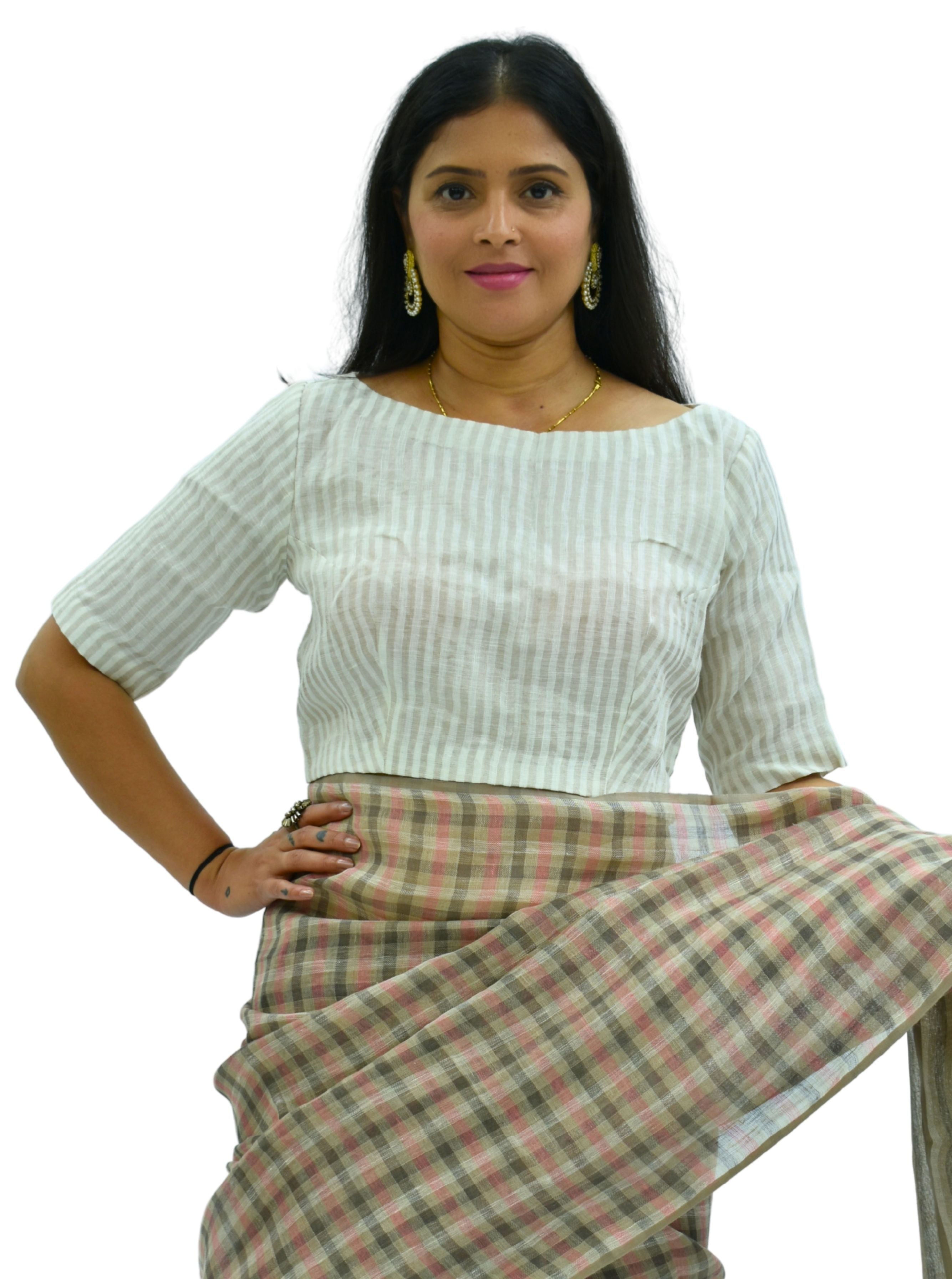 Boat Neck Handloom Silver Stripes Tissue Linen Blouse with Side Zipper