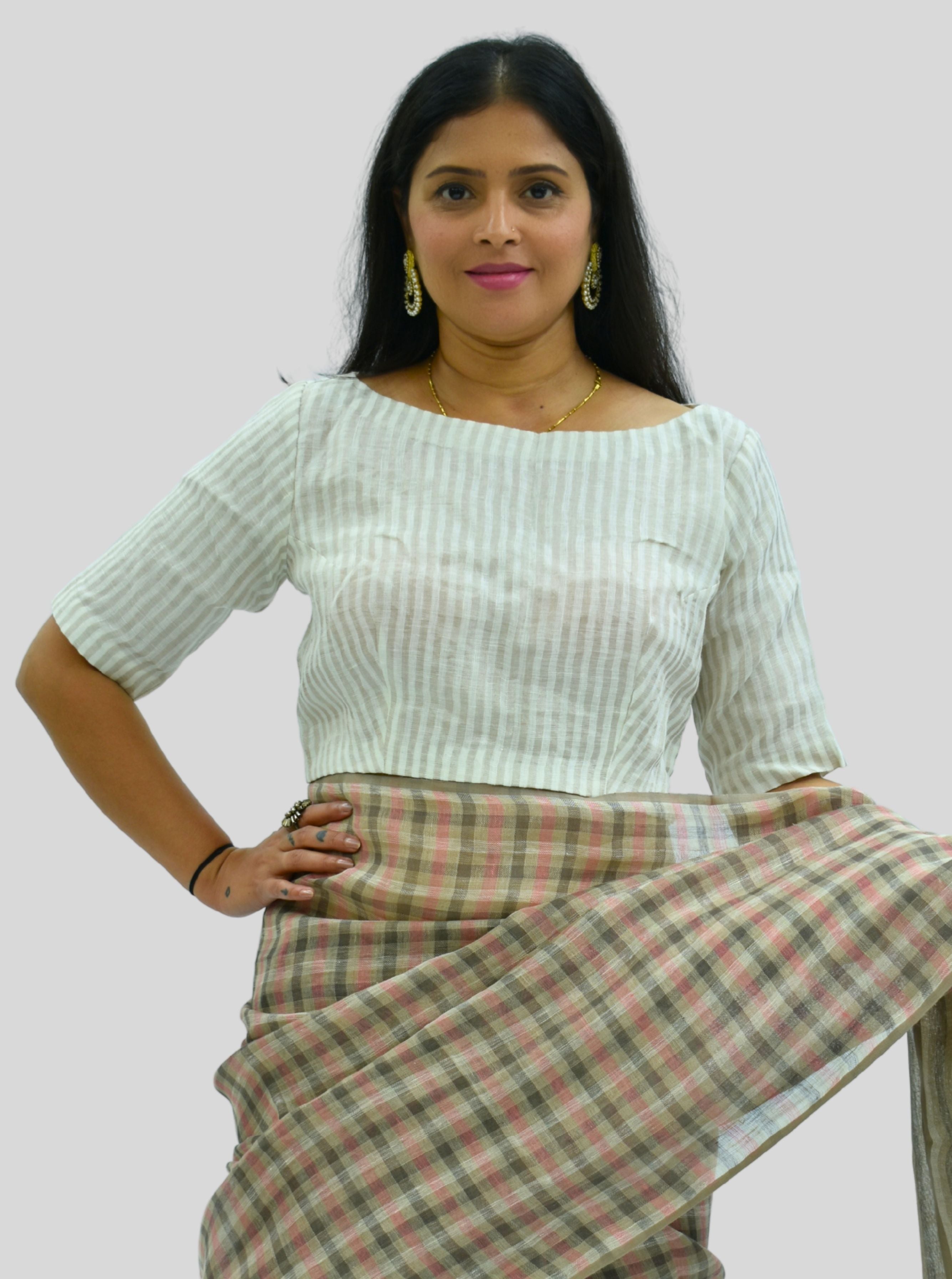 Boat Neck Handloom Silver Stripes Tissue Linen Blouse with Side Zipper