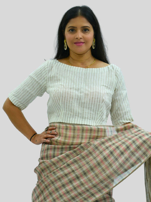 Boat Neck Handloom Silver Stripes Tissue Linen Blouse with Side Zipper