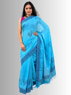 handloom cotton linen white hand block print saree with blouse