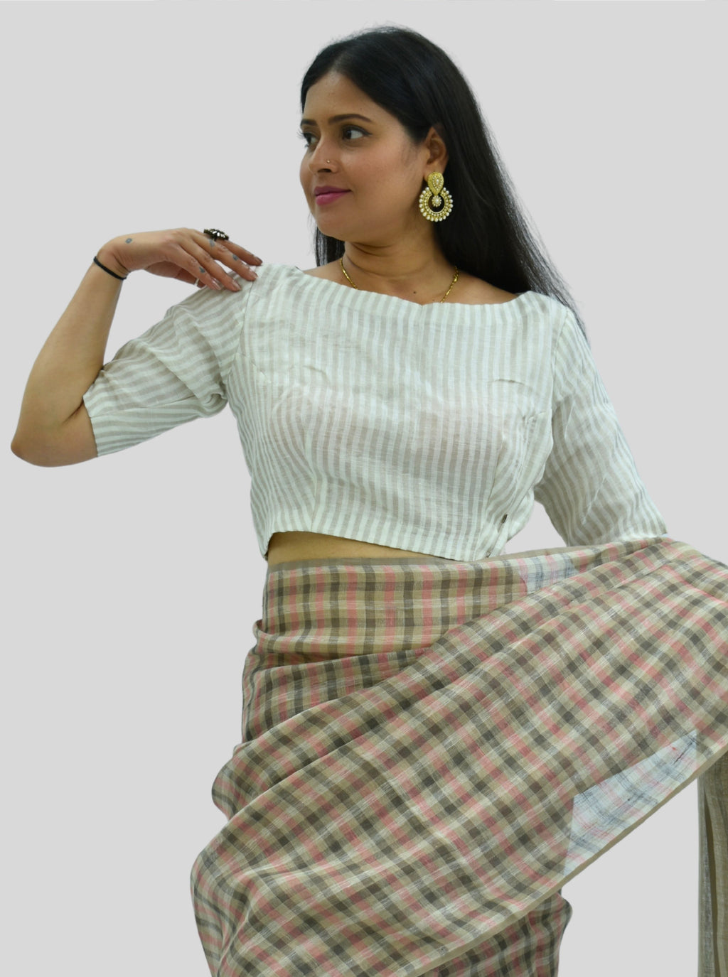 Boat Neck Handloom Silver Stripes Tissue Linen Blouse with Side Zipper