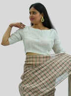 Boat Neck Handloom Silver Stripes Tissue Linen Blouse with Side Zipper