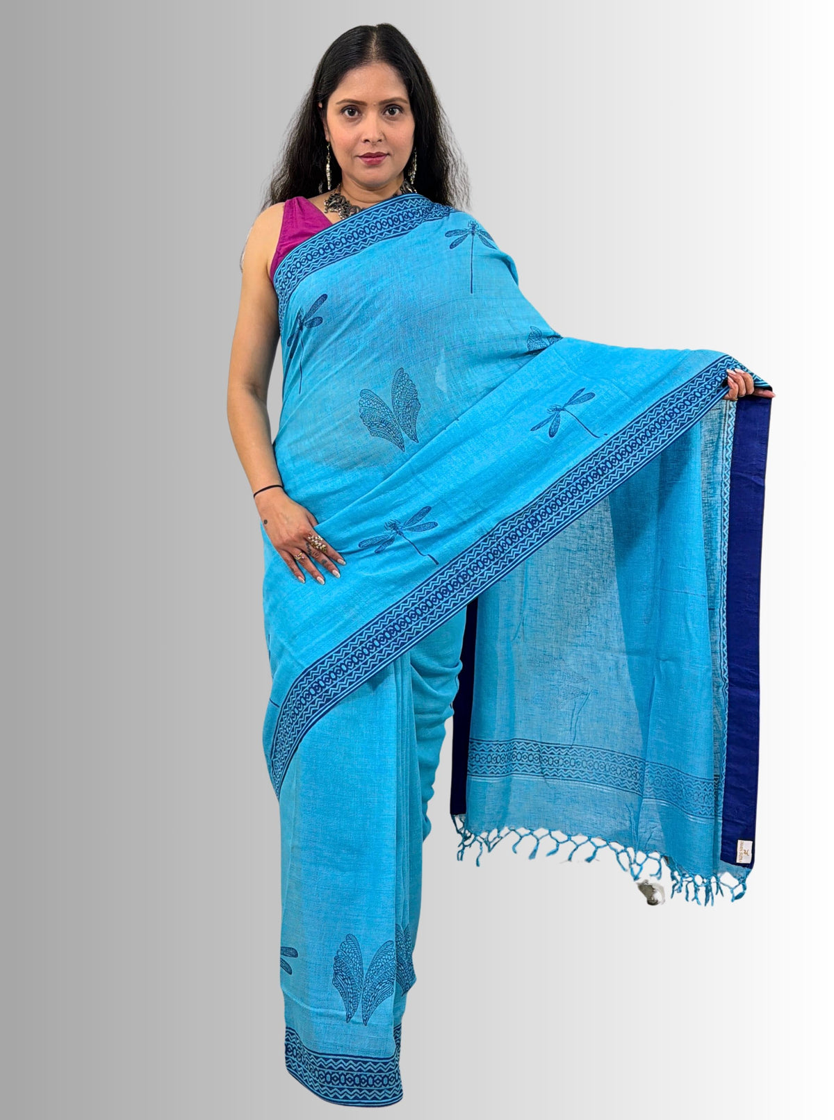 handloom cotton linen white hand block print saree with blouse