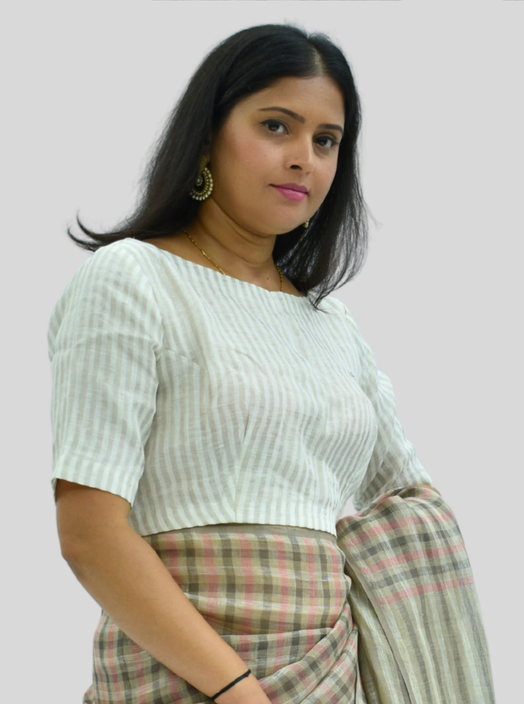 Boat Neck Handloom Silver Stripes Tissue Linen Blouse with Side Zipper