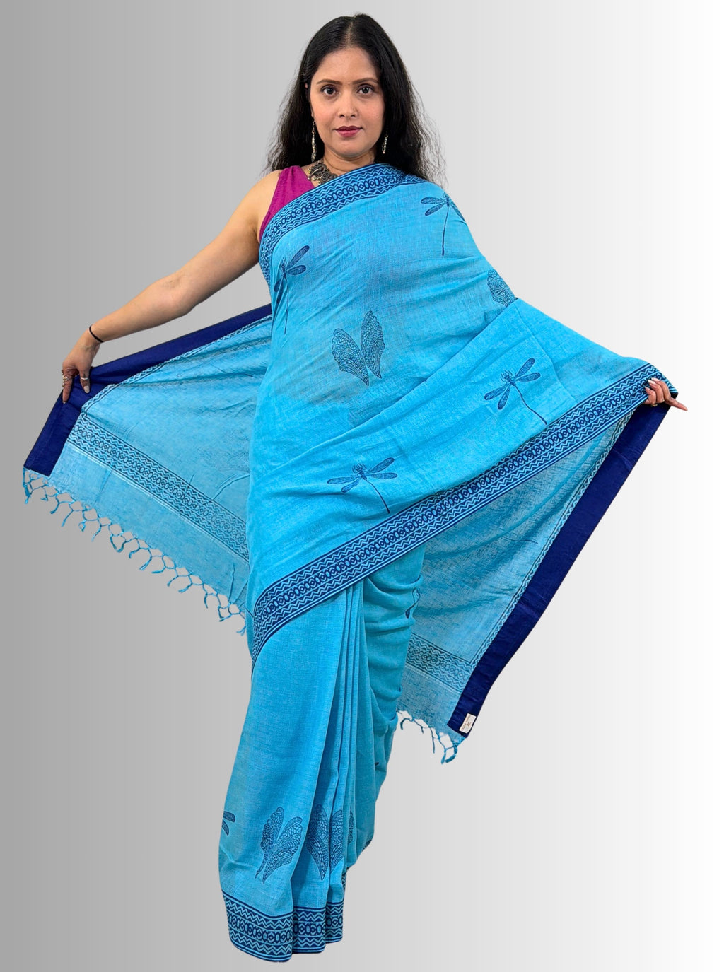handloom cotton linen white hand block print saree with blouse