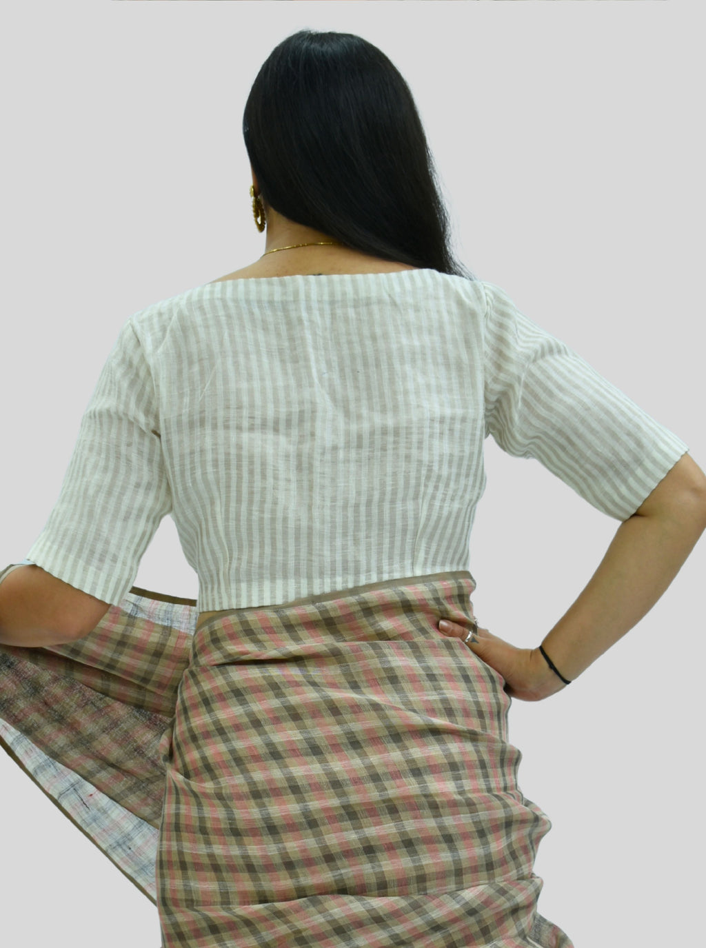 Boat Neck Handloom Silver Stripes Tissue Linen Blouse with Side Zipper