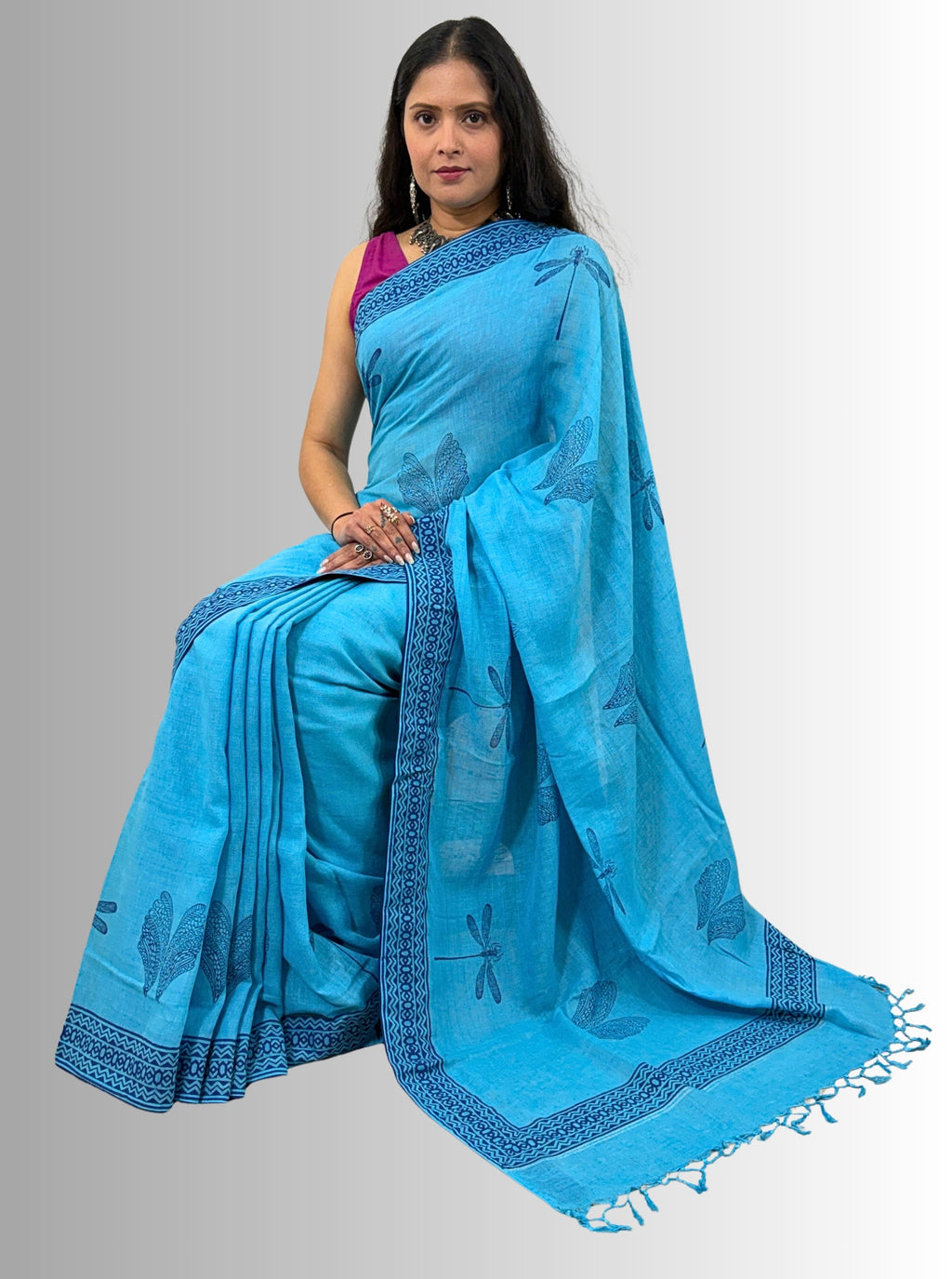 handloom cotton linen white hand block print saree with blouse