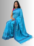 handloom cotton linen white hand block print saree with blouse