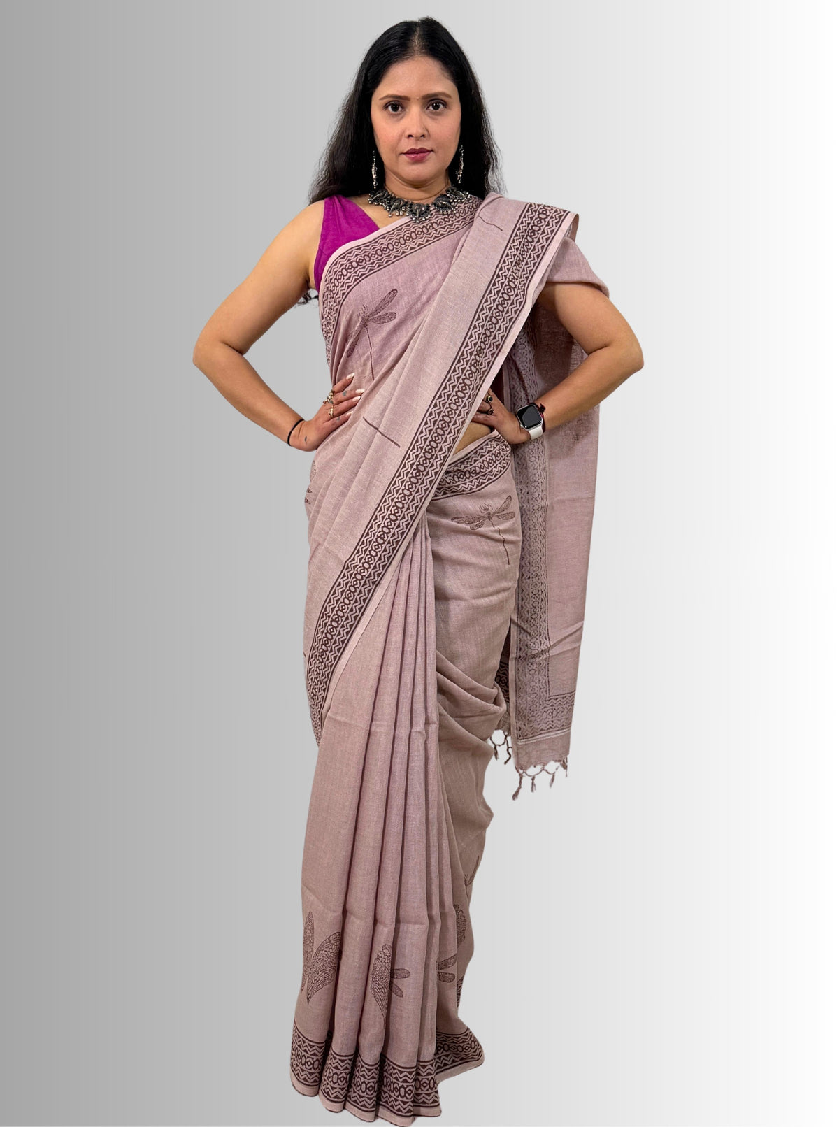 handloom cotton linen white hand block print saree with blouse