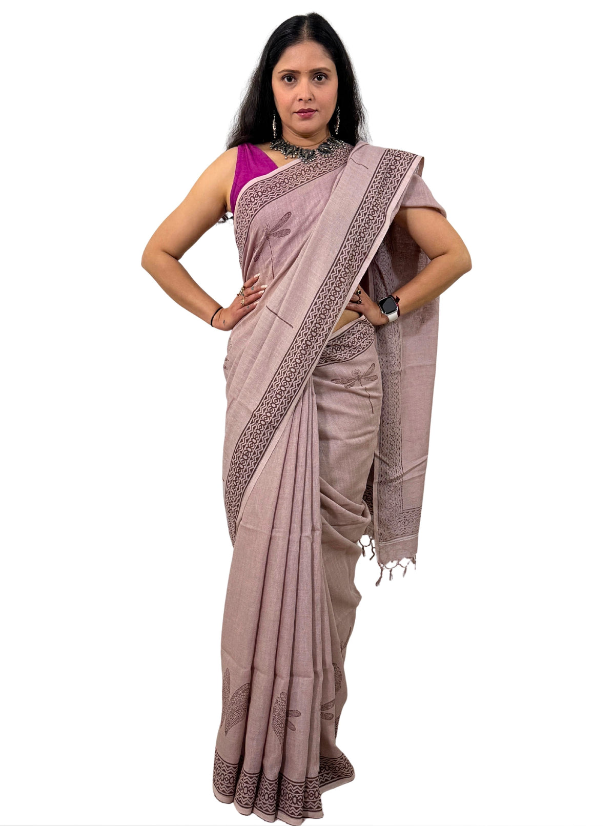handloom cotton linen white hand block print saree with blouse
