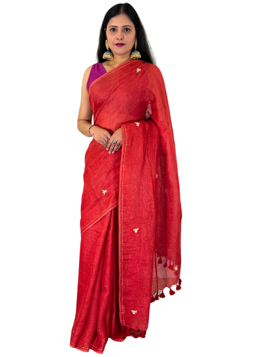 handloom linen red saree with bird hand embroiedry with blouse