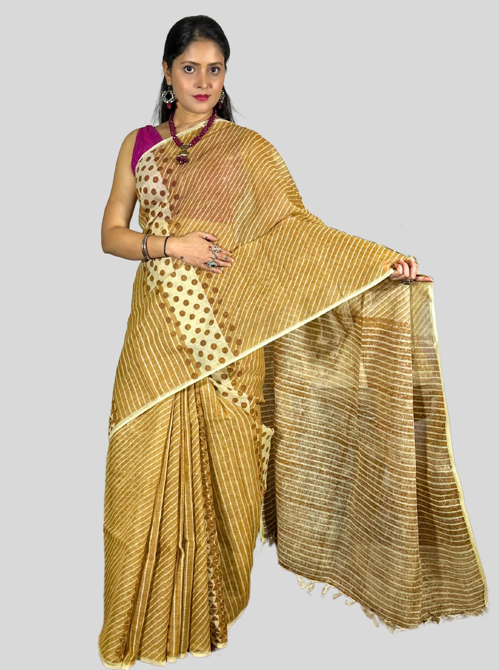 Mustured yellow handloom linen dabu hand block print saree with blouse