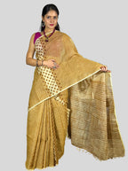 Mustured yellow handloom linen dabu hand block print saree with blouse