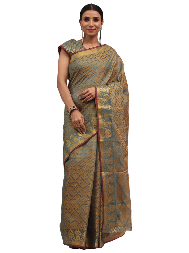 Cotton Silk Banarasi Dark Olive Green Saree with Brocade Work